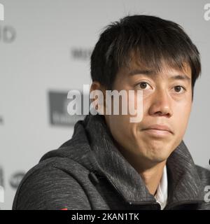 Conférence de presse de Kei Nishikori, sept jours du Mutua Madrid Open de tennis à la Caja Magica sur 12 mai 2017 à Madrid, Espagne. (Photo par Oscar Gonzalez/NurPhoto) *** Veuillez utiliser le crédit du champ de crédit *** Banque D'Images