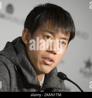 Conférence de presse de Kei Nishikori, sept jours du Mutua Madrid Open de tennis à la Caja Magica sur 12 mai 2017 à Madrid, Espagne. (Photo par Oscar Gonzalez/NurPhoto) *** Veuillez utiliser le crédit du champ de crédit *** Banque D'Images