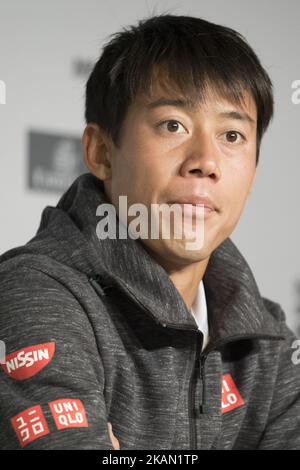 Conférence de presse de Kei Nishikori, sept jours du Mutua Madrid Open de tennis à la Caja Magica sur 12 mai 2017 à Madrid, Espagne. (Photo par Oscar Gonzalez/NurPhoto) *** Veuillez utiliser le crédit du champ de crédit *** Banque D'Images
