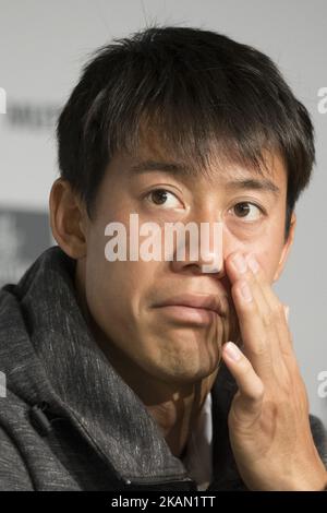 Conférence de presse de Kei Nishikori, sept jours du Mutua Madrid Open de tennis à la Caja Magica sur 12 mai 2017 à Madrid, Espagne. (Photo par Oscar Gonzalez/NurPhoto) *** Veuillez utiliser le crédit du champ de crédit *** Banque D'Images