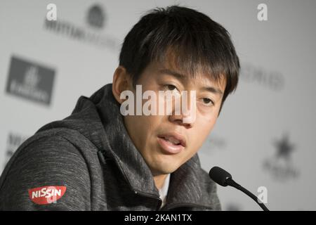 Conférence de presse de Kei Nishikori, sept jours du Mutua Madrid Open de tennis à la Caja Magica sur 12 mai 2017 à Madrid, Espagne. (Photo par Oscar Gonzalez/NurPhoto) *** Veuillez utiliser le crédit du champ de crédit *** Banque D'Images