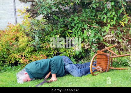 Homme de jardinage et a eu un accident. Tombé. Accident. Cisaille dans la main. Vieil homme blessé. Banque D'Images