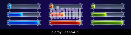 Les barres de progression du jeu sont de couleur bleue, rouge et verte, isolées sur l'arrière-plan. Illustration vectorielle de cadres métalliques vintage avec processus de chargement, réf Illustration de Vecteur