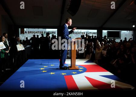 Tim Farron, le dirigeant libéral démocrate, s'adresse à un public à l'est de Londres, sur 17 mai 2017 pour déjeuner le manifeste libéral démocrate pour les prochaines élections législatives. (Photo de Jay Shaw Baker/NurPhoto) *** Veuillez utiliser le crédit du champ de crédit *** Banque D'Images