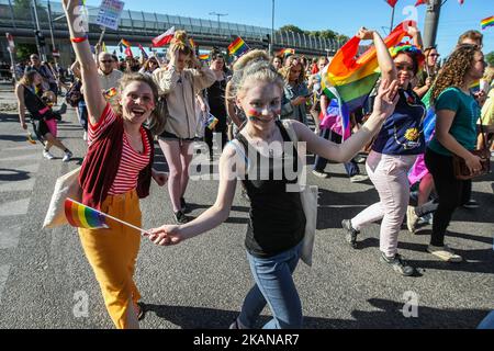 Les participants à la Marche de l'égalité sont vus le 27 mai 2017 à Gdansk, en Pologne quelques milliers de personnes ont participé à la Marche de l'égalité pour les droits des personnes LGBT. Une douzaine de partisans de l'extrême droite, des fascistes et du droit et de la justice (PiS), politiques Anna Kolakowska, ont perturbé la marche en criant des slogans anti-gay. La police intervient, au moins une personne a été arrêtée. (Photo de Michal Fludra/NurPhoto) *** Veuillez utiliser le crédit du champ de crédit *** Banque D'Images