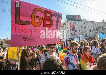 Les participants à la Marche de l'égalité sont vus le 27 mai 2017 à Gdansk, en Pologne quelques milliers de personnes ont participé à la Marche de l'égalité pour les droits des personnes LGBT. Une douzaine de partisans de l'extrême droite, des fascistes et du droit et de la justice (PiS), politiques Anna Kolakowska, ont perturbé la marche en criant des slogans anti-gay. La police intervient, au moins une personne a été arrêtée. (Photo de Michal Fludra/NurPhoto) *** Veuillez utiliser le crédit du champ de crédit *** Banque D'Images