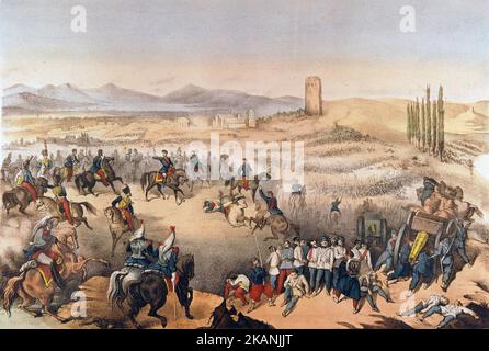 La bataille de Solferino (Italie) contre les Autrichiens en 1859. Etampe populaire du 19eme siecle. Banque D'Images