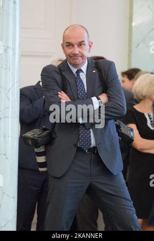 Président de la Pologne Andrzej Duda au Palais présidentiel de Varsovie, Pologne, le 12 juin 2017 (photo de Mateusz Wlodarczyk/NurPhoto) *** Veuillez utiliser le crédit du champ de crédit *** Banque D'Images