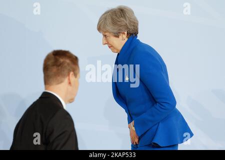 La PM britannique Theresa May est vue au sommet de G20 à Hambourg, en Allemagne, le 7 juillet 2017. (Photo de Jaap Arriens/NurPhoto) *** Veuillez utiliser le crédit du champ de crédit *** Banque D'Images