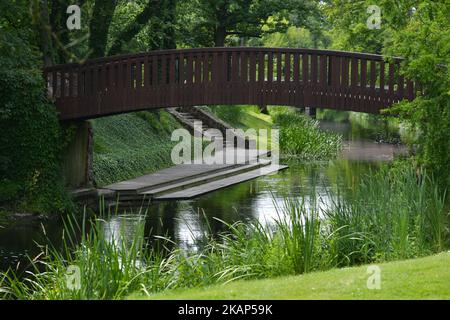 Vue sur un pont et un parc entourant le musée du lieu de naissance de Chopin consacré au compositeur, situé dans un petit village de Zelazowa Wola, 46km à l'ouest de Varsovie. Vendredi, 7 juillet 2017, à Varsovie, Pologne. (Photo par Artur Widak/NurPhoto) *** Veuillez utiliser le crédit du champ de crédit *** Banque D'Images