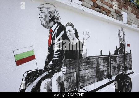 La fresque représentant le président américain Donald Trump est vue sur un mur dans le cadre du festival mural dans le village de Staro Zhelezare, Bulgarie, mercredi 26 juillet 2017. Les peintures murales extérieures sur les murs des maisons du village de Staro Zhelezare présentent des gens locaux ainsi que des figures bien connues des mondes de la politique et de la religion. (Photo de Valentina Petrova/NurPhoto) *** Veuillez utiliser le crédit du champ de crédit *** Banque D'Images