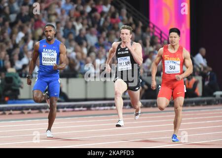 Jeremy DODSON, Samoa, et Joseph MILLAR, Nouvelle-Zélande et Bingtian SU, Chine, lors de la première manche de 100 mètres au stade de Londres à Londres sur 4 août 2017 aux Championnats du monde d'athlétisme de l'IAAF 2017. (Photo par Ulrik Pedersen/NurPhoto) *** Veuillez utiliser le crédit du champ de crédit *** Banque D'Images