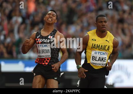 Abdul Hakim SANI BROWN, Japon, Yohan Blake, Jamaïque, et Alex WILSON, La Suisse pendant 100 mètres demi-finale au stade de Londres à Londres sur 5 août 2017 aux Championnats du monde d'athlétisme de l'IAAF 2017. (Photo par Ulrik Pedersen/NurPhoto) *** Veuillez utiliser le crédit du champ de crédit *** Banque D'Images