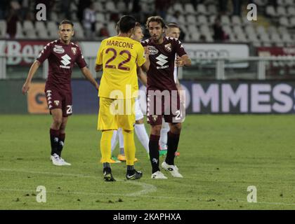 Richard Marcone et Emiliano Moretti lors de la coupe Tim 2017/2018 match entre Torino et Trapani, à Turin, Italie sur 11 août 2017. Le FC Torino remporte 7-1 le match. (Photo de Loris Roselli/NurPhoto). *** Veuillez utiliser le crédit du champ de crédit *** Banque D'Images