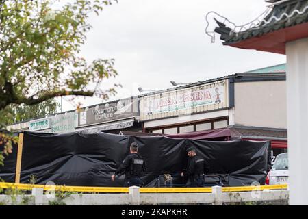 Des policiers patrouillent sur les lieux d'un accident de voiture, dans un restaurant de pizza, à sept-trie, 55km à l'est de Paris, sur 15 août 2017, entraînant la mort d'une fille de 13 ans et blessant gravement quatre personnes. Les enquêteurs ont déclaré que le jeune conducteur avait tenté de se suicider et que l'incident n'était pas lié à la terreur. L'homme, qui a été arrêté, a déclaré "il avait essayé de se tuer hier (13 août) sans succès et a décidé de réessayer de cette façon", a déclaré une source proche de l'enquête. (Photo de Julien Mattia/NurPhoto) Banque D'Images