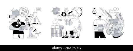 Jeu d'illustrations vectorielles abstraites de concept de l'industrie de l'ingénierie de l'ADN. Plantes, animaux et aliments génétiquement modifiés, culture ogm, cultures transgéniques, produits biotechnologiques, métaphore de la sécurité nutritionnelle. Illustration de Vecteur