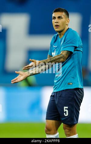 Leandro Paredes du FC Zenit Saint-Pétersbourg réagit lors du match de deuxième manche de l'UEFA Europa League entre le FC Zenit Saint-Pétersbourg et le FC Utrecht au stade de Saint-Pétersbourg sur 24 août 2017 à Saint-Pétersbourg, en Russie. (Photo de Mike Kireev/NurPhoto) Banque D'Images