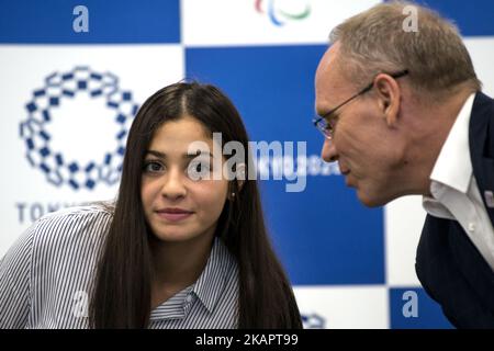 Yusra Mardini, nageur syrien de 19 ans, qui a participé aux Jeux Olympiques de Rio 2016 en tant que membre de l'équipe olympique de réfugiés et ambassadeur itinérant du HCR, s'exprime au bureau de Tokyo 2020 sur 29 août 2017 à Tokyo, au Japon. Yusra Mardini partage ses expériences aux Jeux de Rio 2016 et son activité actuelle en tant qu'athlète et ambassadrice de bonne volonté du HCR avec des membres du personnel de Tokyo 2020. (Photo par Alessandro Di Ciommo/NurPhoto) Banque D'Images