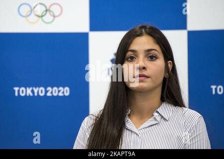 Yusra Mardini, nageur syrien de 19 ans, qui a participé aux Jeux Olympiques de Rio 2016 en tant que membre de l'équipe olympique de réfugiés et ambassadeur itinérant du HCR, s'exprime au bureau de Tokyo 2020 sur 29 août 2017 à Tokyo, au Japon. Yusra Mardini partage ses expériences aux Jeux de Rio 2016 et son activité actuelle en tant qu'athlète et ambassadrice de bonne volonté du HCR avec des membres du personnel de Tokyo 2020. (Photo par Alessandro Di Ciommo/NurPhoto) Banque D'Images