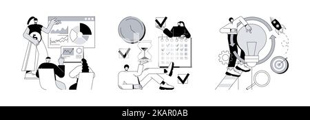 Ensemble d'illustrations vectorielles de concept abstrait de gestion de projet. Briefing d'affaires, cycle de vie du projet de planification, affectation des tâches, analyse de rentabilisation, rapport de données financières, métaphore abstraite de gestion des risques. Illustration de Vecteur