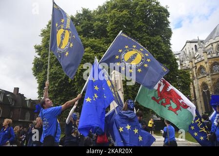 Une manifestation contre le Brexit a eu lieu près des chambres du Parlement, à Londres sur 5 septembre 2017. Le processus de sortie de l'Union européenne commence sa troisième étape. (Photo par Alberto Pezzali/NurPhoto) Banque D'Images