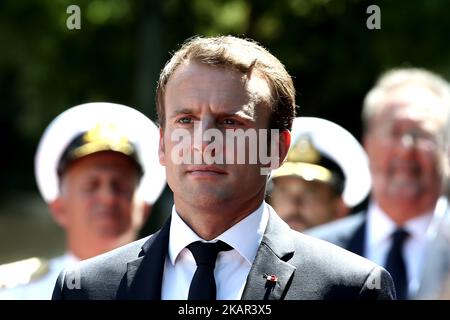 Le président français Emmanuel Macron lors de la cérémonie de réception officielle au manoir présidentiel, à Athènes, sur 7 septembre 2017. Emmanuel Macron est en visite officielle de deux jours en Grèce. (Photo de Panayotis Tzamaros/NurPhoto) Banque D'Images