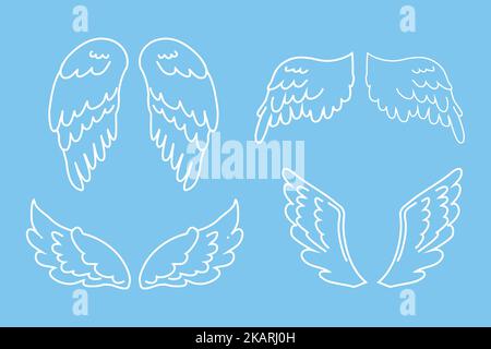 Set Angel ailes contour blanc couleur dans le style de dessin animé isolé sur fond bleu, élément de conception pour la décoration. Illustration vectorielle Illustration de Vecteur