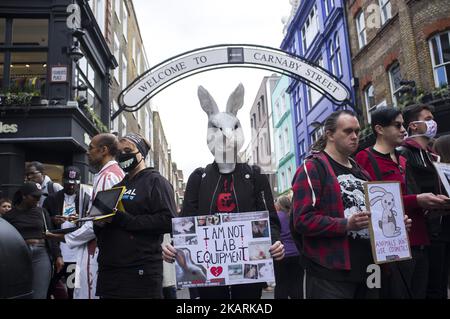 Une protestation animaliste a lieu à Carnaby Street, dans le centre de Londres, sur 30 septembre 2017. Les manifestants ont protesté contre l'oppression animale dans l'industrie de la mode et les cosmétiques. (Photo par Alberto Pezzali/NurPhoto) Banque D'Images