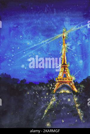 Rue de Paris la nuit avec le spectacle de lumière de la Tour Eiffel sur fond de nuit étoilée. Illustration de couleur de l'eau dessinée à la main avec décor de nuit. Banque D'Images