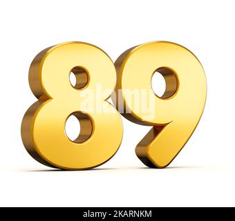 3D illustration du nombre doré Eighty Nine ou 89 isolé sur fond blanc avec ombre. Banque D'Images