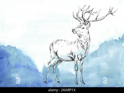 Dessin au crayon (encre) d'un cerf rouge (Cervus elaphus) sur fond de paysage de montagnes bleues. Illustration dessinée à la main. Banque D'Images