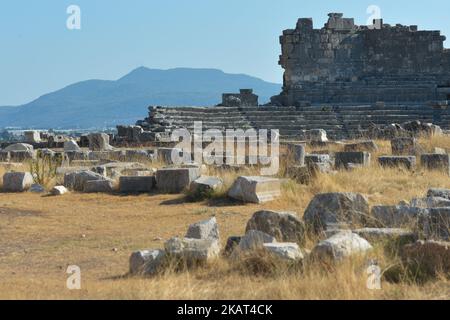 Vue sur les ruines et le site de la ville de Xanthos, classé au patrimoine mondial de l'UNESCO depuis 1988. Le mercredi 11 octobre 2017, à Xanthos, Kinik, province d'Antalya, Turquie. (Photo par Artur Widak/NurPhoto) Banque D'Images