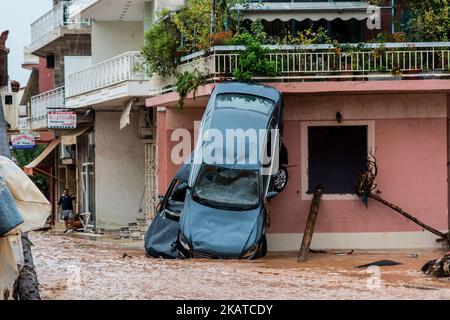 Les inondations dans la ville de Mandra, au nord-ouest d'Athènes, Attica, Grèce sur 15 novembre 2017, après de fortes pluies de nuit dans la région ont causé des dommages et ont fait au moins 14 morts (photo par Dimitris Lampropoulos/NurPhoto) Banque D'Images