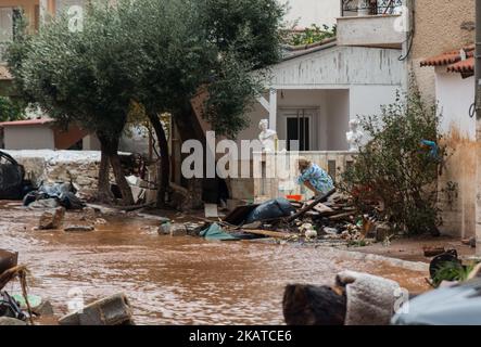 Les inondations dans la ville de Mandra, au nord-ouest d'Athènes, Attica, Grèce sur 15 novembre 2017, après de fortes pluies de nuit dans la région ont causé des dommages et ont fait au moins 14 morts (photo par Dimitris Lampropoulos/NurPhoto) Banque D'Images