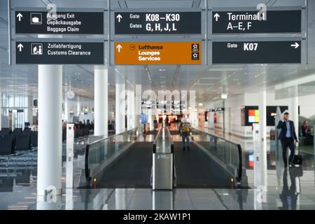 Images de l'intérieur des portes et du terminal de l'aéroport international de Munich, en Allemagne. Munich est l'aéroport le plus fréquenté du monde en 15th. L'aéroport de Munich est un carrefour pour Lufthansa, Air Dolomiti et Condor. (Photo de Nicolas Economou/NurPhoto) Banque D'Images