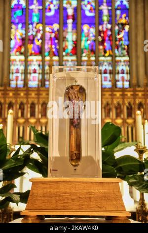 L’avant-bras de Saint François Xavier, un Saint populaire vénéré par les catholiques du monde entier, était exposé à la basilique de la cathédrale Saint-Michel, à Toronto, en Ontario, au Canada, sur 12 janvier 2018. La relique catholique sacrée de 466 ans devrait attirer environ 100 000 personnes au cours de la visite canadienne de 15 villes. Le corps de Saint François Xavier, enterré à Goa, en Inde, et la relique de son bras, sont incorrompus (ils n'ont pas connu de pourriture naturelle depuis sa mort en 1552). On estime que Saint François Xavier a baptisé plus de 100 000 personnes avec ce bras. Ses restes sont vénérés par des milliers chaque année en b Banque D'Images