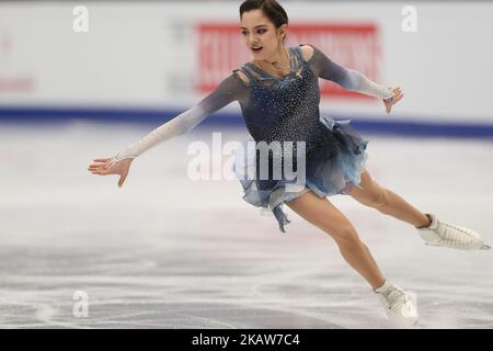 Le patineur de la Figure Evgenia Meddeva de Russie se produit lors d'un programme court pour les dames aux Championnats européens de patinage de la Figure 2018 de l'UIP, à l'arène de Mégasport à Moscou, en Russie, sur 18 janvier 2018. (Photo par Igor Russak/NurPhoto) Banque D'Images