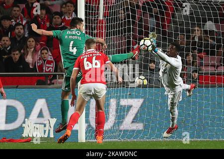 Bruno Varela, gardien de but portugais de Benfica, a vié avec le défenseur de Rio Ave Nelson Monte (L) lors du match de football de la Ligue portugaise SL Benfica vs Rio Ave FC au stade Luz à Lisbonne, Portugal sur 3 février 2018. ( Photo par Pedro Fiúza/NurPhoto) Banque D'Images