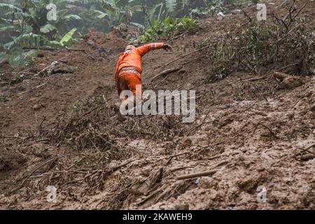 L'équipe indonésienne de recherche et de sauvetage continue à trouver la victime d'un glissement de terrain à Puncak Bogor, également pompier essayer de nettoyer la boue restante du glissement de terrain à l'aide d'une pelle hydraulique. Un glissement de terrain a frappé puncak-bogor en raison de la forte pluie qui a frappé la région en couples jours et aussi par la déforestation pour la villa à l'emplacement.le 6 février 2018 à Bogor, West Java, Indonésie. (Photo par Donal Husni/NurPhoto) Banque D'Images