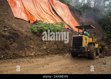 L'équipe indonésienne de recherche et de sauvetage continue à trouver la victime d'un glissement de terrain à Puncak Bogor, également pompier essayer de nettoyer la boue restante du glissement de terrain à l'aide d'une pelle hydraulique. Un glissement de terrain a frappé puncak-bogor en raison de la forte pluie qui a frappé la région en couples jours et aussi par la déforestation pour la villa à l'emplacement.le 6 février 2018 à Bogor, West Java, Indonésie. (Photo par Donal Husni/NurPhoto) Banque D'Images