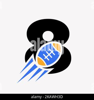 Concept de logo de rugby lettre 8 avec icône de balle de rugby en mouvement. Logo Rugby Sports modèle vectoriel de symbole Illustration de Vecteur