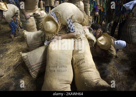 Les 'Zako-Zahar' avec leur costume de sac bourré d'herbe sèche sont jetés les uns sur les autres pour s'amuser pendant le carnaval rural de Lesaka à Navarre, Espagne, le 11 février 2018. Les 'zako-zahar' sont des personnages typiques du carnaval rural de Lesaka (Navarre), farcis dans des sacs remplis de paille avec leur visage recouvert de mouchoirs blancs, qui portent des ballonnets gonflés pour battre les gens qui marchent dans les rues du village au crépuscule. Quand ils se fatiguent, ils s'assoient sur le sol un sur l'autre pour se reposer et s'amuser.c'est l'un des carnavals ancestraux dont l'origine est confuse et se combine Banque D'Images