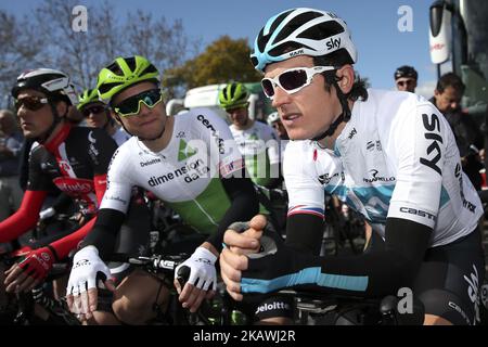 Edvald Boasson Hagen de de Team dimension Data et Geraint Thomas de Team Sky avant la 1st étape de la visite à vélo de l'Algarve entre Albufeira et Lagos, sur 14 février 2018. (Presse LM/Images globales/NurPhoto) Banque D'Images