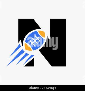 Concept de logo de rugby lettre N avec icône de ballon de rugby en mouvement. Logo Rugby Sports modèle vectoriel de symbole Illustration de Vecteur