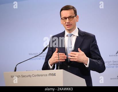 Le premier ministre polonais Mateusz Morawiecki a pris la parole à la Conférence de Munich sur la sécurité. Le MSC se tient à l'hôtel Bayerischer Hof de 16 février à février 18th. (Photo par Alexander Pohl/NurPhoto) Banque D'Images