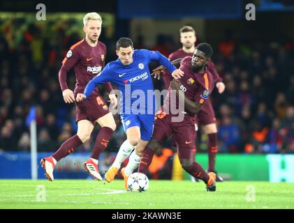 Eden Hazard de Chelsea lors du match de la Ligue des champions de 16 entre Chelsea et Barcelone au Stamford Bridge, Londres, Angleterre, le 20 février 2018. (Photo de Kieran Galvin/NurPhoto) Banque D'Images