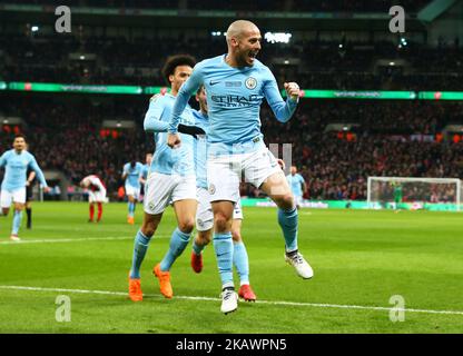 David Silva de Manchester City célèbre son troisième but lors du match de finale de la Carabao Cup entre Arsenal et Manchester City au stade Wembley, Londres, Angleterre, le 25 février 2018 (photo de Kieran Galvin/NurPhoto) Banque D'Images