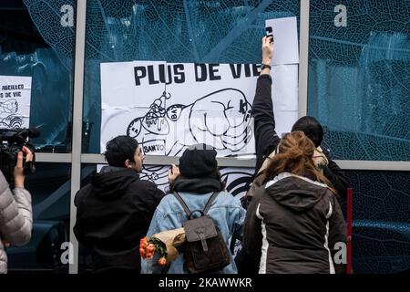 Manifestation devant le siège de la société Bayer contre la fusion avec la société Monsanto à Lyon, en France, sur 3 mars 2018. (Photo de Nicolas Liponne/NurPhoto) Banque D'Images