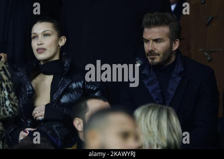 David Beckham et Bella Hadid lors de la Ligue des champions de l'UEFA, tour de 16, match de football à 2nd jambes entre le FC Paris Saint-Germain et le Real Madrid CF sur 6 mars 2018 au stade du Parc des Princes à Paris, France. (Photo de Mehdi Taamallah / NurPhoto) Banque D'Images