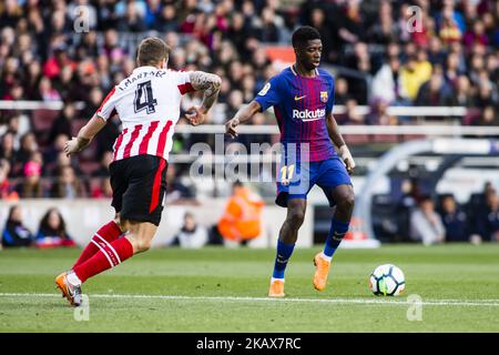 BARCELONE, ESPAGNE - MARS 18: 11 Ousmane Dembele de France du FC Barcelone pendant le match de la Liga entre le FC Barcelone et l'Atlétic de Bilbao au Camp Nou Stadium de Barcelone le 18 mars 2018. (Photo par Xavier Bonilla/NurPhoto) Banque D'Images